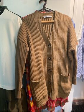 Zara Camel Ribbed Button-Up Cardigan